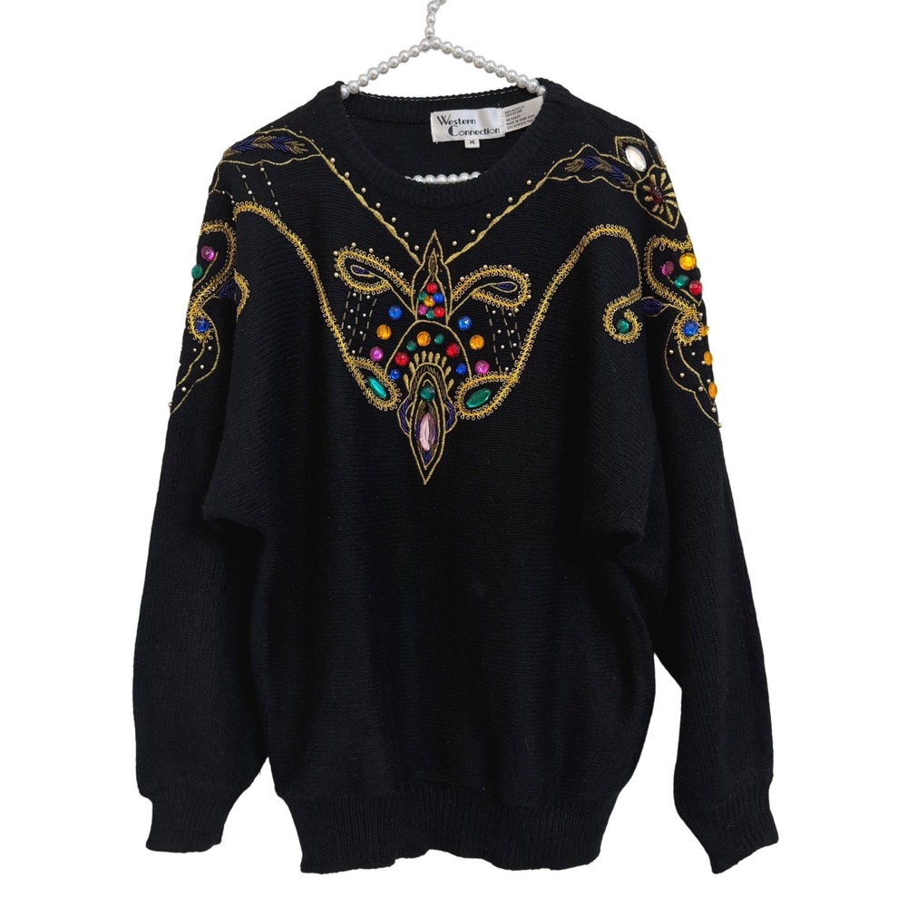 Western Connection Vintage Beaded Jewel Embroidered Black Knit Sweater Womens M